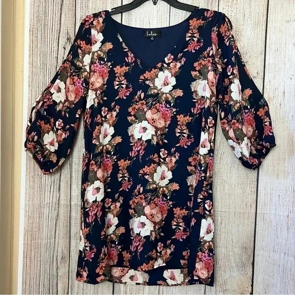 Lulus Shifting Dears Navy Blue Floral Print Split Sleeves Dress Size medium - Picture 4 of 13